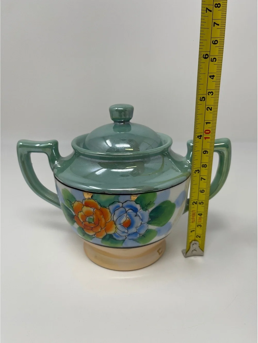 Vintage Lusterware Covered Sugar Bowl Hand Painted Floral Green Maple Ware Japan